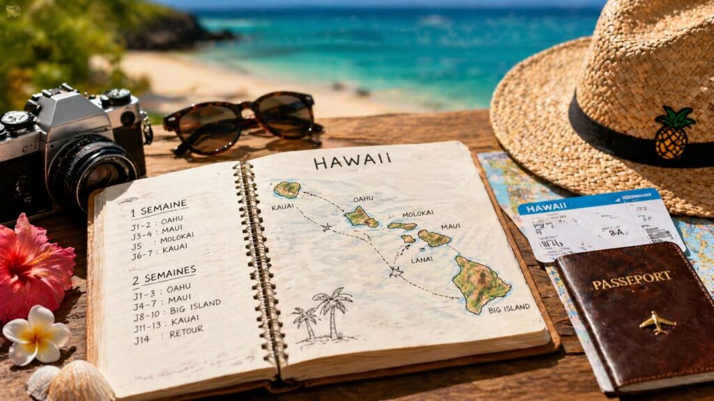 Carnet de voyage ouvert avec carte d’Hawaii, étapes entre les îles, appareil photo, passeport et accessoires de vacances