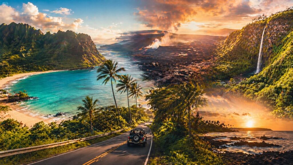 Composition cinématique mêlant plage turquoise, route tropicale, falaises verdoyantes, cascade et paysage volcanique.