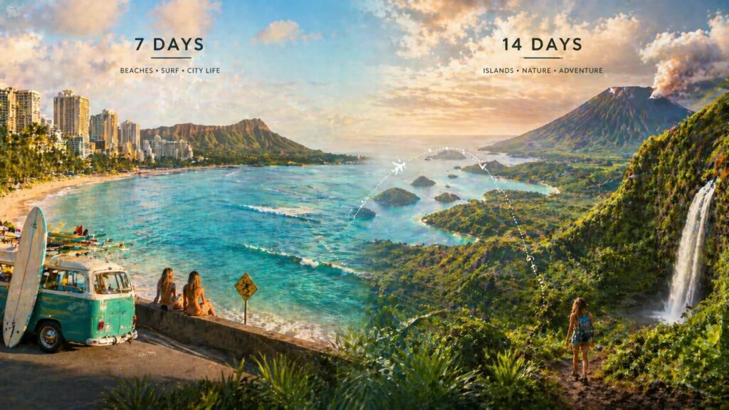 Scène divisée entre un séjour plage et ville à gauche, et un voyage nature avec volcans et cascades à droite.