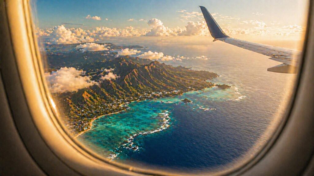 Vue depuis un hublot d’avion sur les côtes hawaïennes, lagons turquoise, montagnes et lumière dorée.