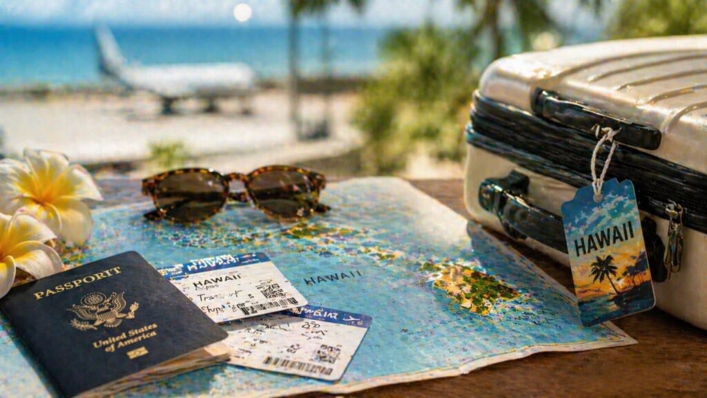 Billets d’avion, passeport, valise cabine, lunettes de soleil et carte d’Hawaii posés dans une ambiance de départ.