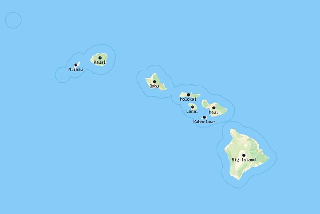 Carte d'Hawaii avec les 8 îles