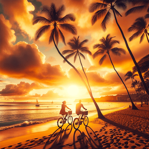 Image d'un couple en vélo sur une plage à Hawaii, avec le soleil se couchant à l'horizon