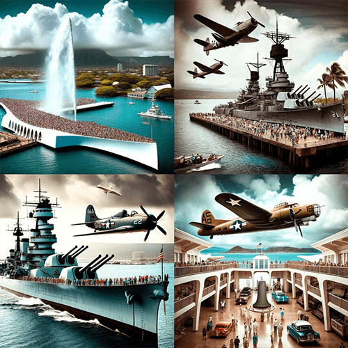 Infographie représentant les différentes activités touristiques à Pearl Harbor : Bowfin, musée de l'aviation, USS Arizona et USS Missouri