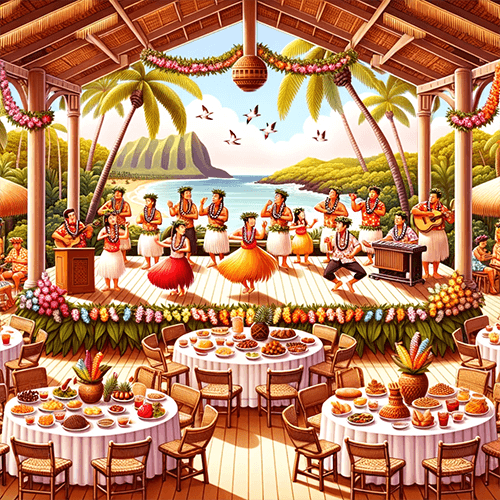 Infographie représentant un Luau avec des tables pour les convives, de la nourriture hawaienne, des danseurs traditionnels et des musiciens