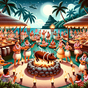 Infographie représentant un Luau avec un porc en train de rotir et des musiciens et danseurs