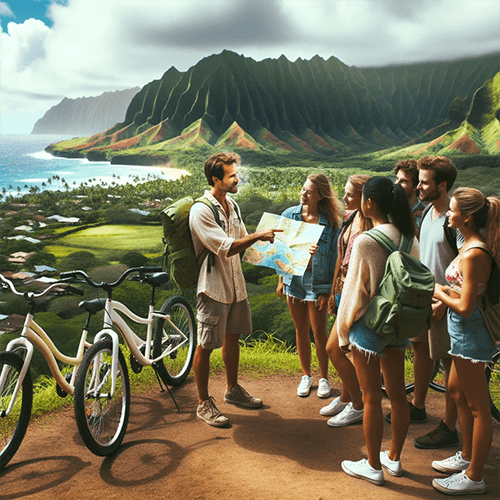 Guide en vélo expliquant à son groupe de touristes les merveilles de Hawaii