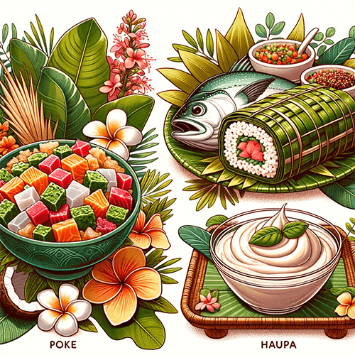 Différentes plats Hawaiens dans le Poke et le haupa