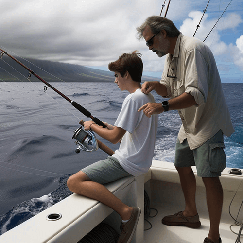 Un professeur de pêche sur un bateau en train d'enseigner la pêche à un étudiant