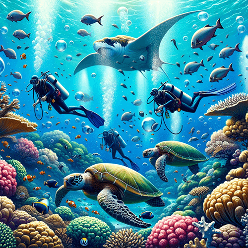 Image de plongeurs à Hawaii avec de nombreuses espèces marines dont des tortues