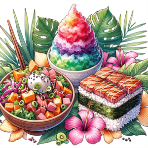 Image avec un poke, un shave ice et d'autres spécialités culinaires de Hawaii