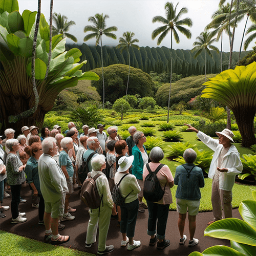 Image représentant un guide expliquant la faune et la flore de Ho’omaluhia à son groupe de touristes