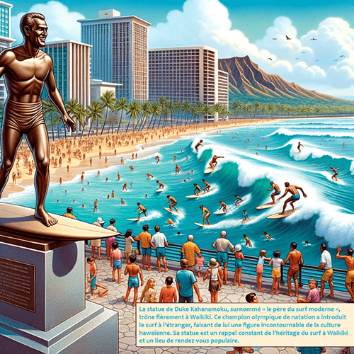 Une infographie avec la statue de Duke Kahanamoku avec la plage et des surfeurs