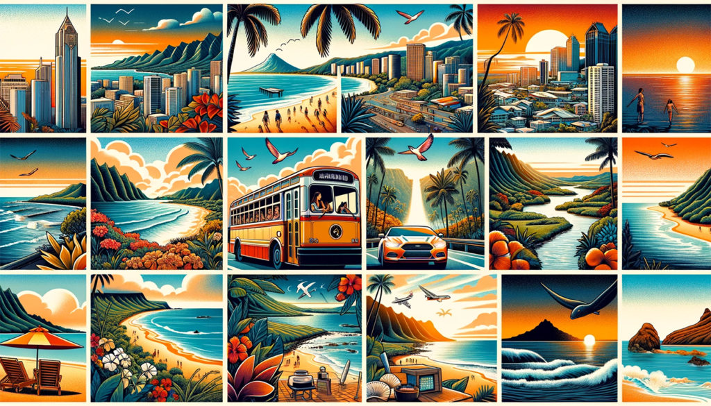 illustration en collage qui représente le voyage thématique de 15 jours à Hawaii, mettant en lumière les points forts d'Oahu et de Maui.
