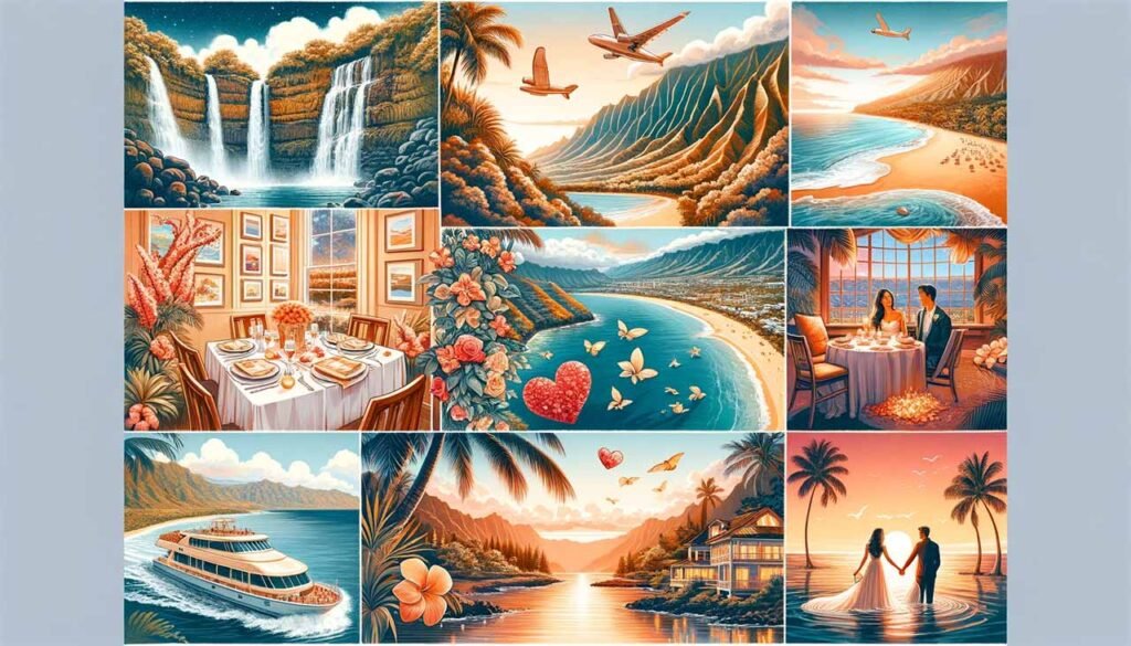 illustration en collage représentant une lune de miel romantique et luxueuse à Maui et Kauai, Hawaii.