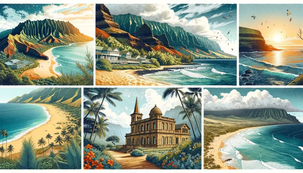 illustration en collage représentant une immersion dans la nature à Kauai et Molokai, Hawaii.