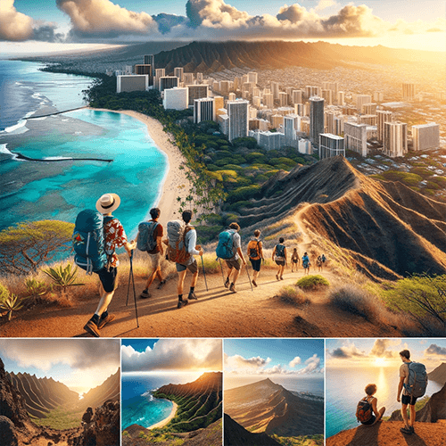 Un groupe de randonneur à Diamond Head avec la vue de Waikiki, Oahu, en fond