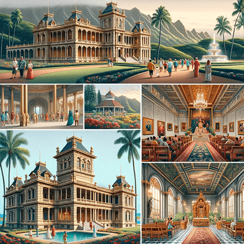 Plusieurs illustrations de l'intérieur et extérieur du Palais Iolani à Oahu (Hawaii)