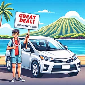 Illustration d'un touriste ventant les économies réalisées en louant une voiture