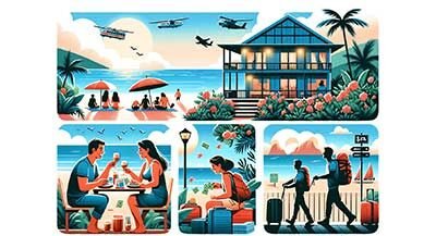 Illustration représentant différentes typologie de voyageurs à Hawaii