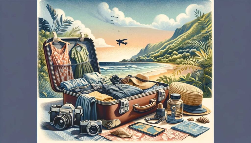 Une valise remplie d'objets indispensables avec Hawaii en fond