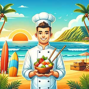 Cuisinier souriant proposant son poke avec Hawaii en arrière plan