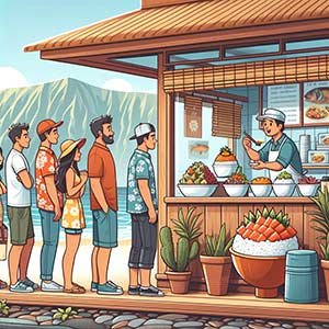File de touriste attendant leur tour à un stand de Poke bowl hawaiiens