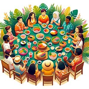 Table couverte de pokes hawaiens avec des personnes de toutes les cultures autour de la table