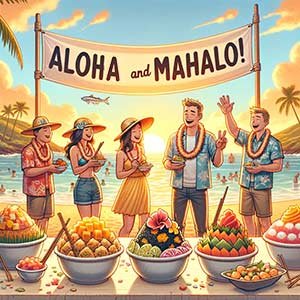 Touristes heureux sur une plage hawaiienne mangeant des pokes