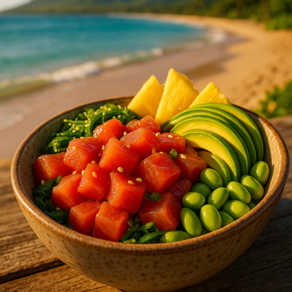 Poke bowl traditionnel à Hawaï avec thon, riz et algues
