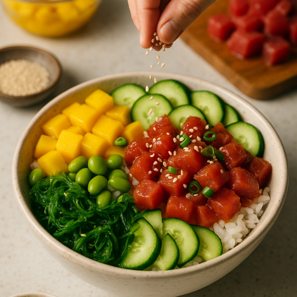 Main adding sesame seeds to a colorful poke bowl topped with tuna, mango, cucumber, edamame, and seaweed, with ingredients in bowls around it on a light countertop.