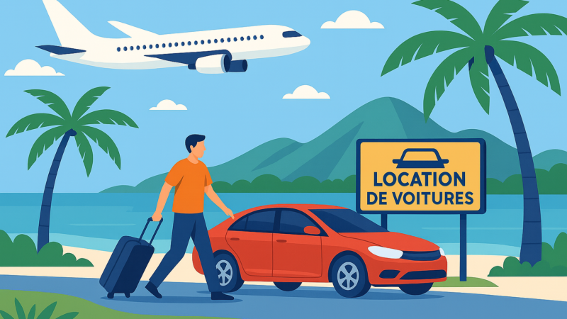Homme arrivant à une voiture de location sur une île tropicale avec un avion dans le ciel et un panneau 'Location de voitures'