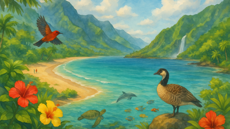 Vue panoramique aquarelle de Hanalei Bay à Hawaii, montrant une plage en croissant, des montagnes verdoyantes avec une cascade, un oiseau I’iwi rouge en vol, une oie Nēnē, une tortue de mer, des poissons tropicaux, un dauphin et des hibiscus fleuris en premier plan.