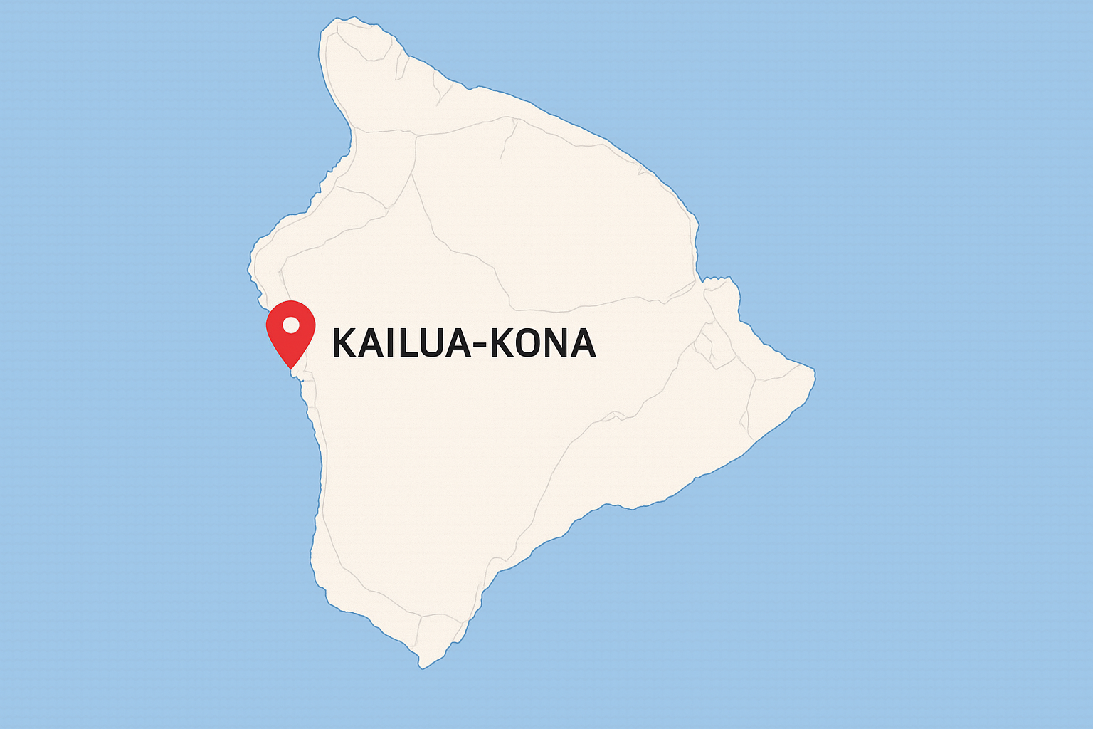 Map of Hawaii’s Big Island with Kailua-Kona highlighted on the west coast