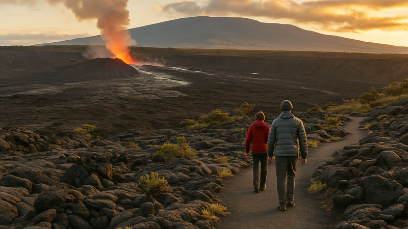 Deux visiteurs marchant sur un sentier de lave vers un cône volcanique en éruption dans le parc national des volcans d’Hawaï, au crépuscule.