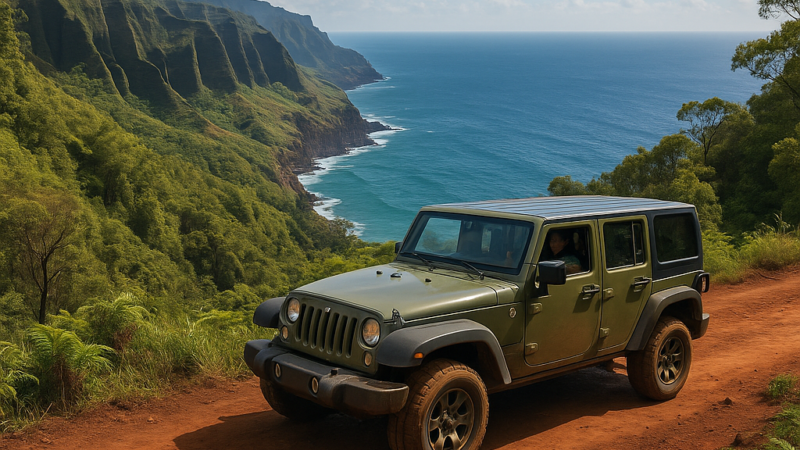Jeep tout-terrain sur une piste rouge surplombant une côte escarpée et verdoyante de Kauai.