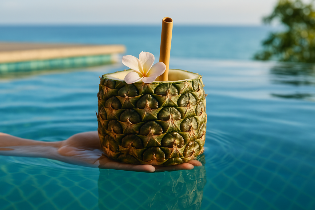 Main tenant un ananas percé de paille, flottant à la surface d’une piscine.