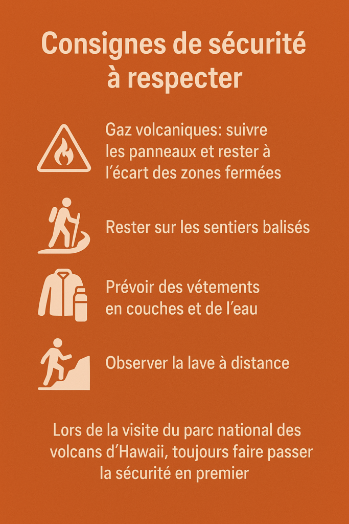 Affiche de sécurité pour le parc national des volcans d'Hawaï : gaz volcaniques, rester sur les sentiers, prévoir vêtements et eau, observer la lave à distance
