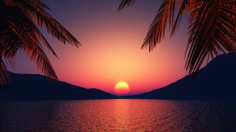 Coucher de soleil sur l'océan à Kaanapali, encadré de palmiers hawaïens