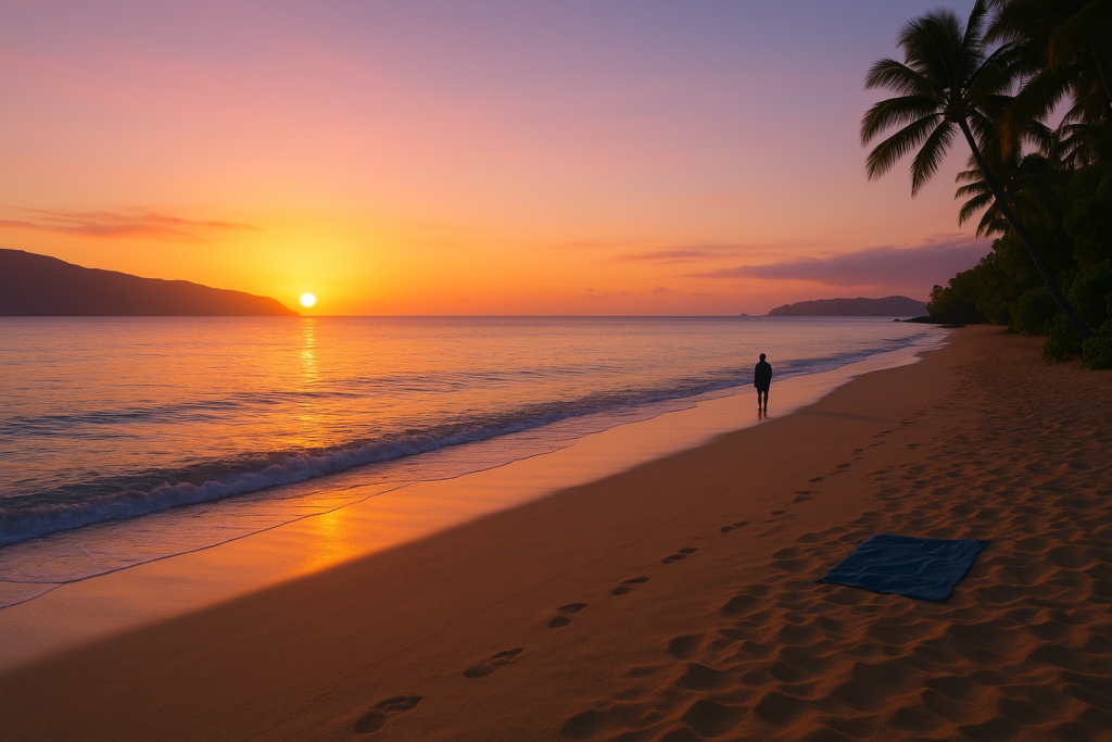 Plage paisible à Maui au lever du soleil avec une lumière dorée et aucun touriste