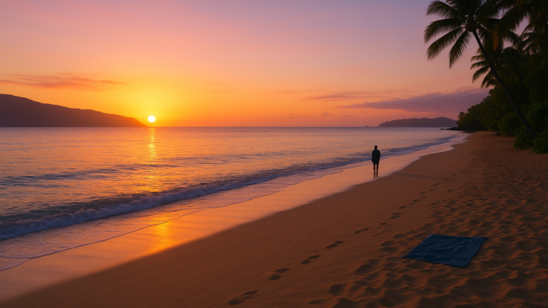 Plage paisible à Maui au lever du soleil avec une lumière dorée et aucun touriste