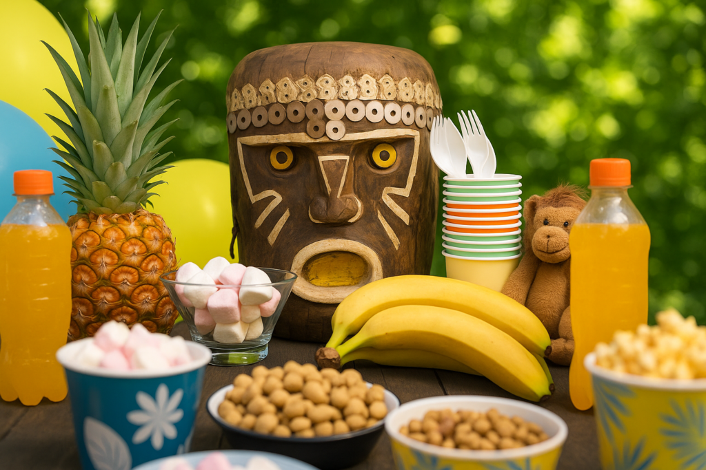 Décoration de fête tropicale avec masque tribal en bois, ananas, bananes, jus de fruits et bonbons dans une ambiance de jungle luxuriante