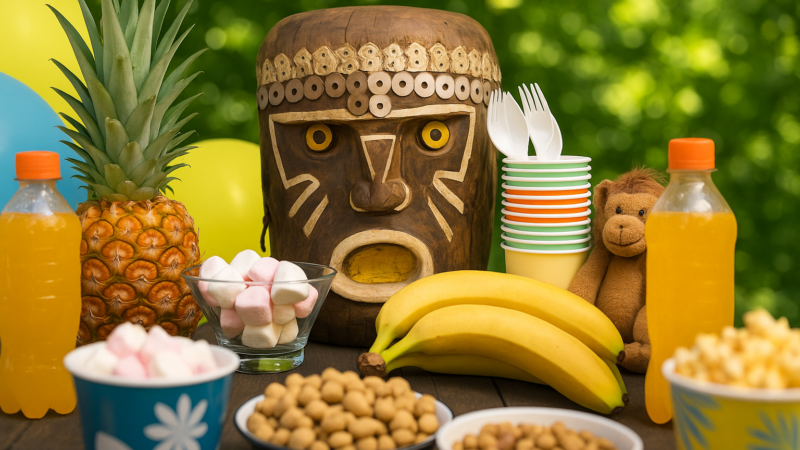 Décoration de fête tropicale avec masque tribal en bois, ananas, bananes, jus de fruits et bonbons dans une ambiance de jungle luxuriante