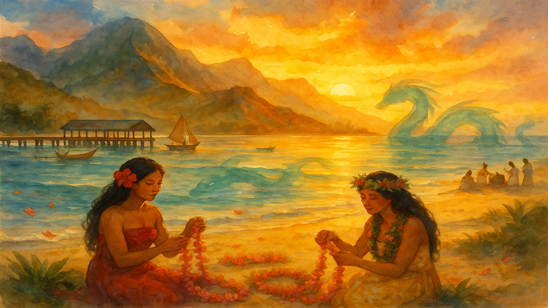 Deux femmes hawaïennes confectionnent des colliers de fleurs sur une plage dorée de Hanalei Bay au coucher du soleil, avec un dragon mythique translucide dans la mer, un ancien port et des montagnes en arrière-plan.