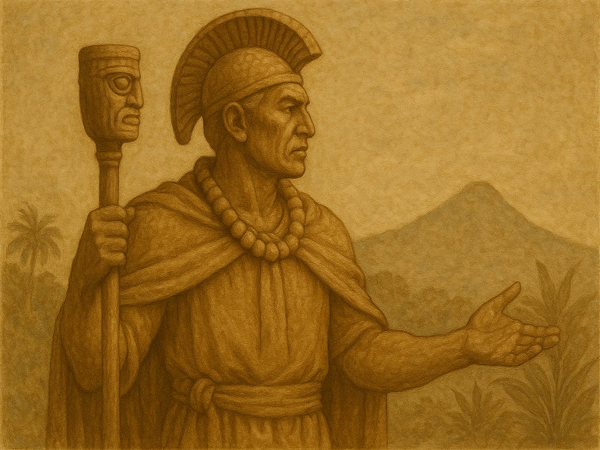 Fresque représentant un kahuna, prêtre hawaïen, en habit traditionnel avec un bâton cérémoniel, sur fond de paysage tropical.