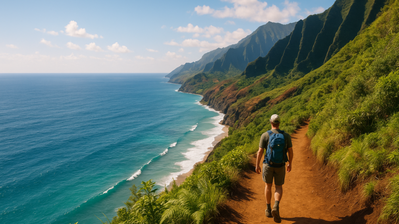 Randonnée sur le Kalalau Trail à Kauai avec vue sur les falaises de Na Pali et l'océan Pacifique