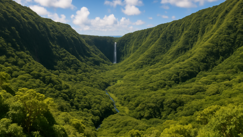 Vue luxuriante de la vallée de Waimea avec sa chute d’eau au loin dans un décor tropical