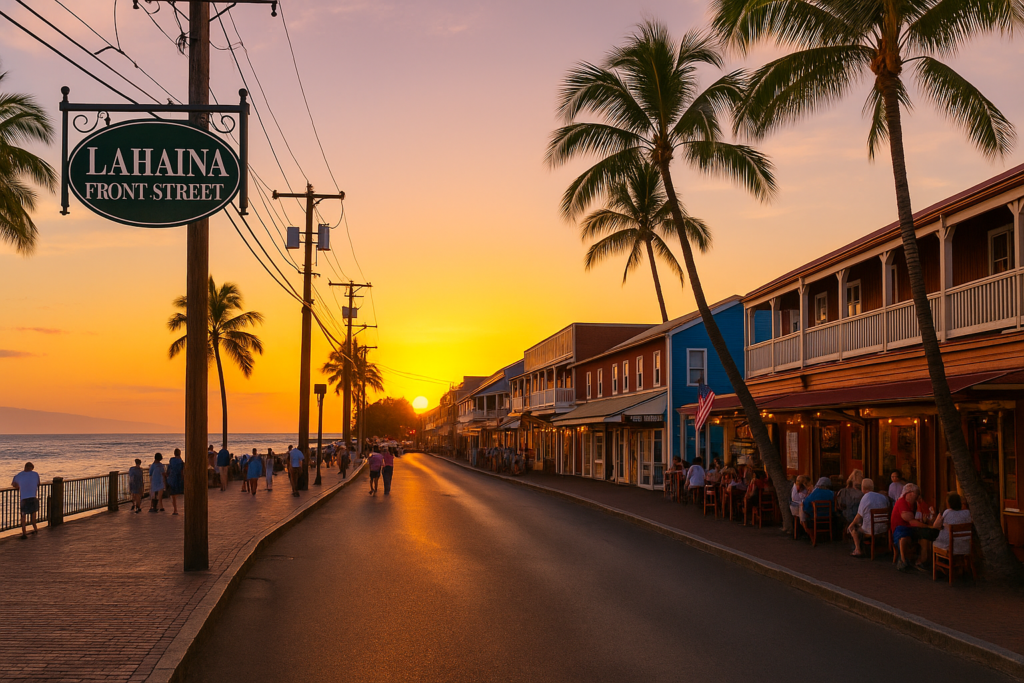 Lahaina Front Street au coucher du soleil, avec palmiers, bâtiments colorés, promeneurs et restaurants en bord de mer à Maui