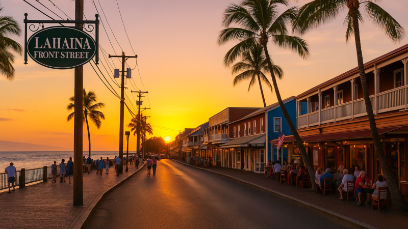 Lahaina Front Street au coucher du soleil, avec palmiers, bâtiments colorés, promeneurs et restaurants en bord de mer à Maui