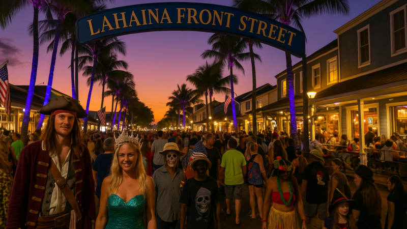 Foule costumée lors de la Lahaina Halloween Party sur Front Street à Maui au coucher du soleil